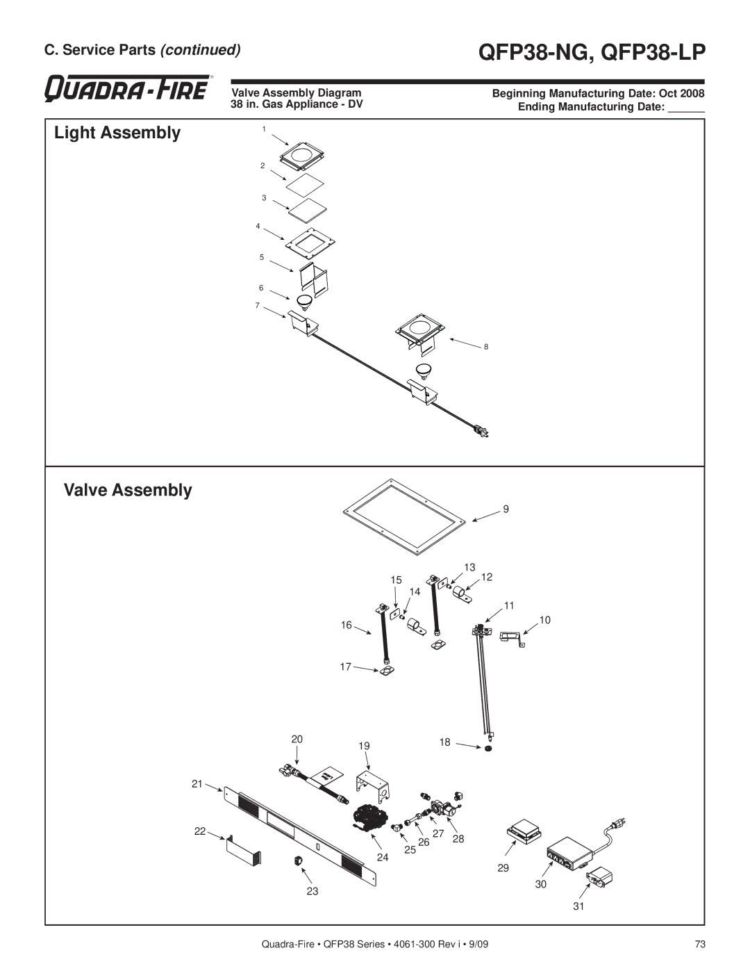 Quadra-Fire QFP38-LP, QFP38-NG owner manual Light Assembly Valve Assembly 