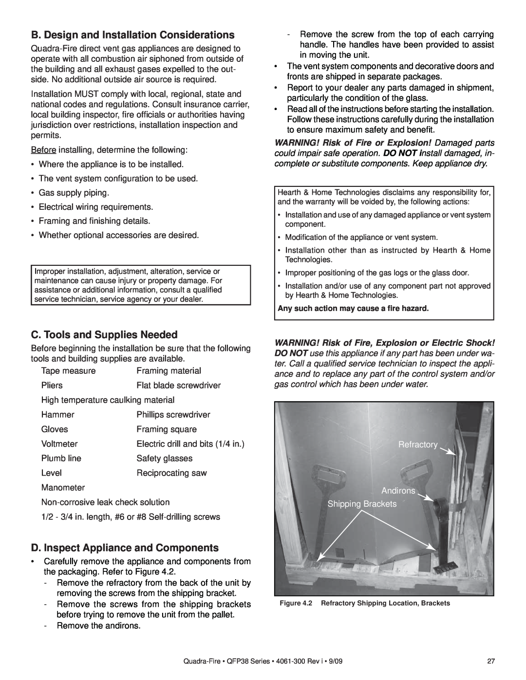 Quadra-Fire QFP38-LP, QFP38-NG owner manual B. Design and Installation Considerations, C. Tools and Supplies Needed 
