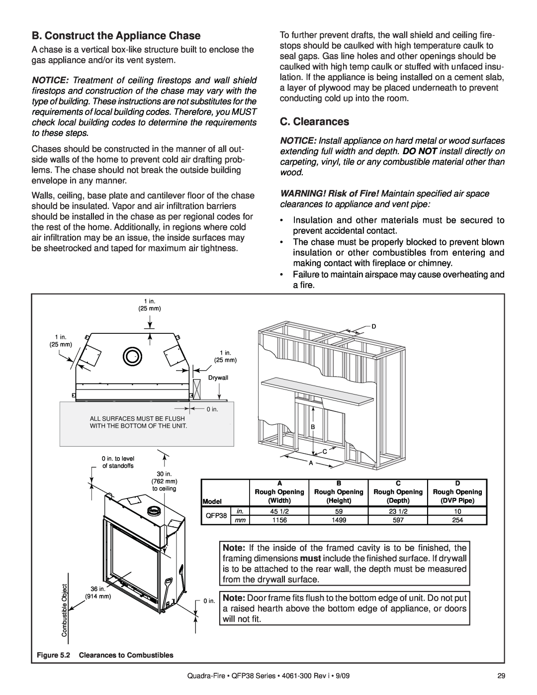 Quadra-Fire QFP38-LP, QFP38-NG owner manual B. Construct the Appliance Chase, C. Clearances 