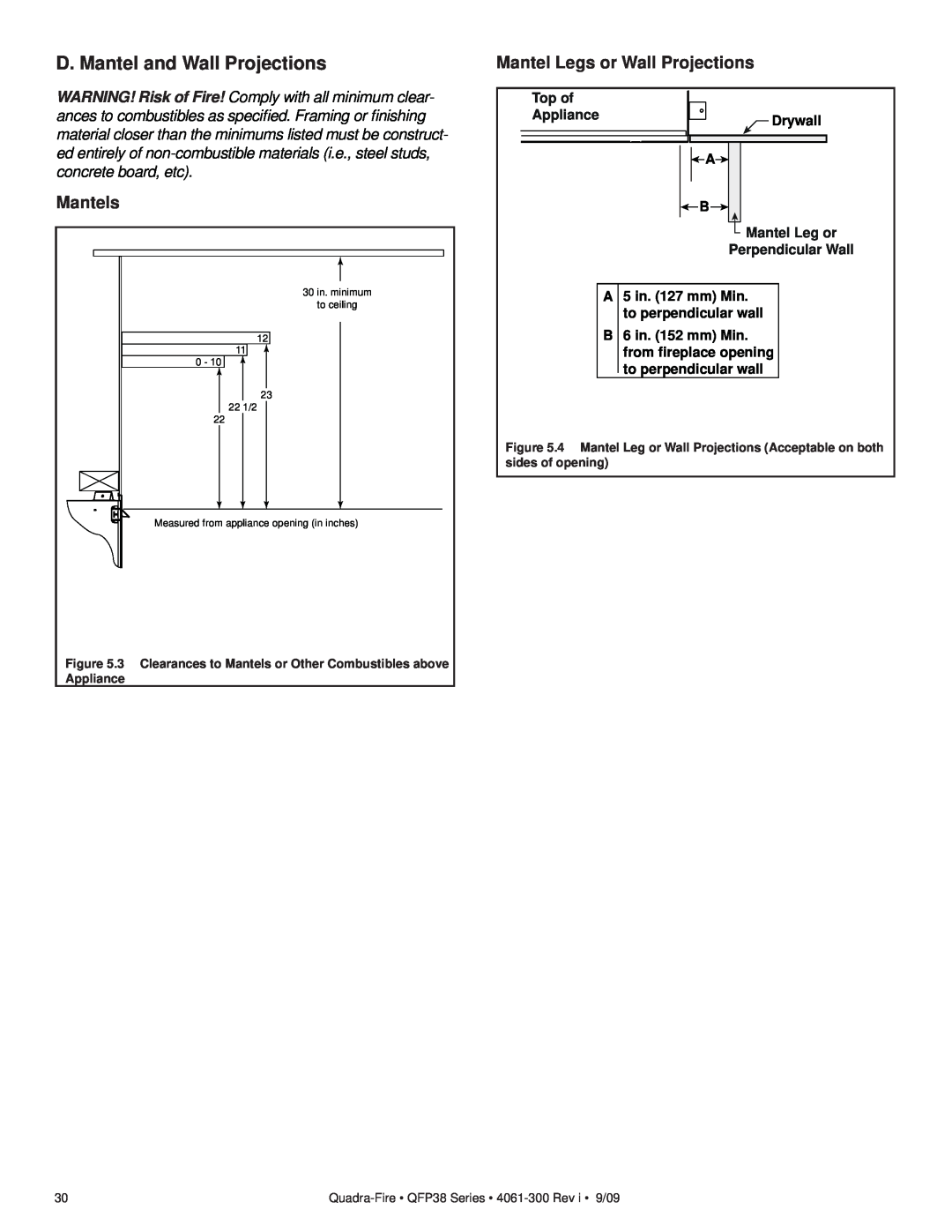 Quadra-Fire QFP38-NG, QFP38-LP owner manual D. Mantel and Wall Projections, Mantels, Mantel Legs or Wall Projections 
