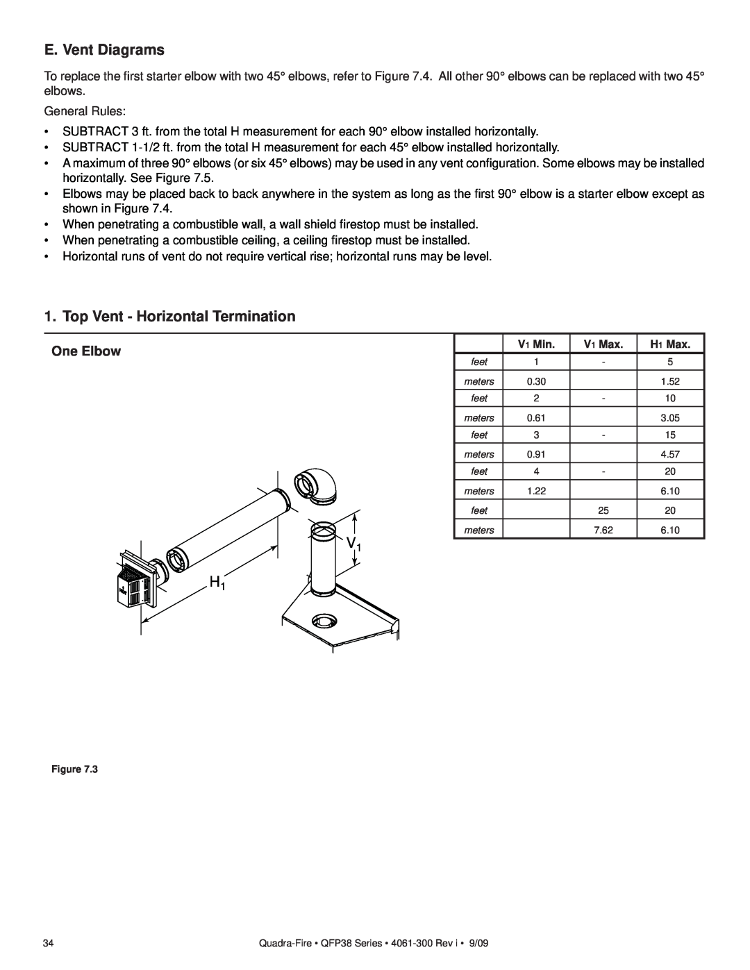 Quadra-Fire QFP38-NG, QFP38-LP owner manual E. Vent Diagrams, Top Vent - Horizontal Termination, One Elbow 