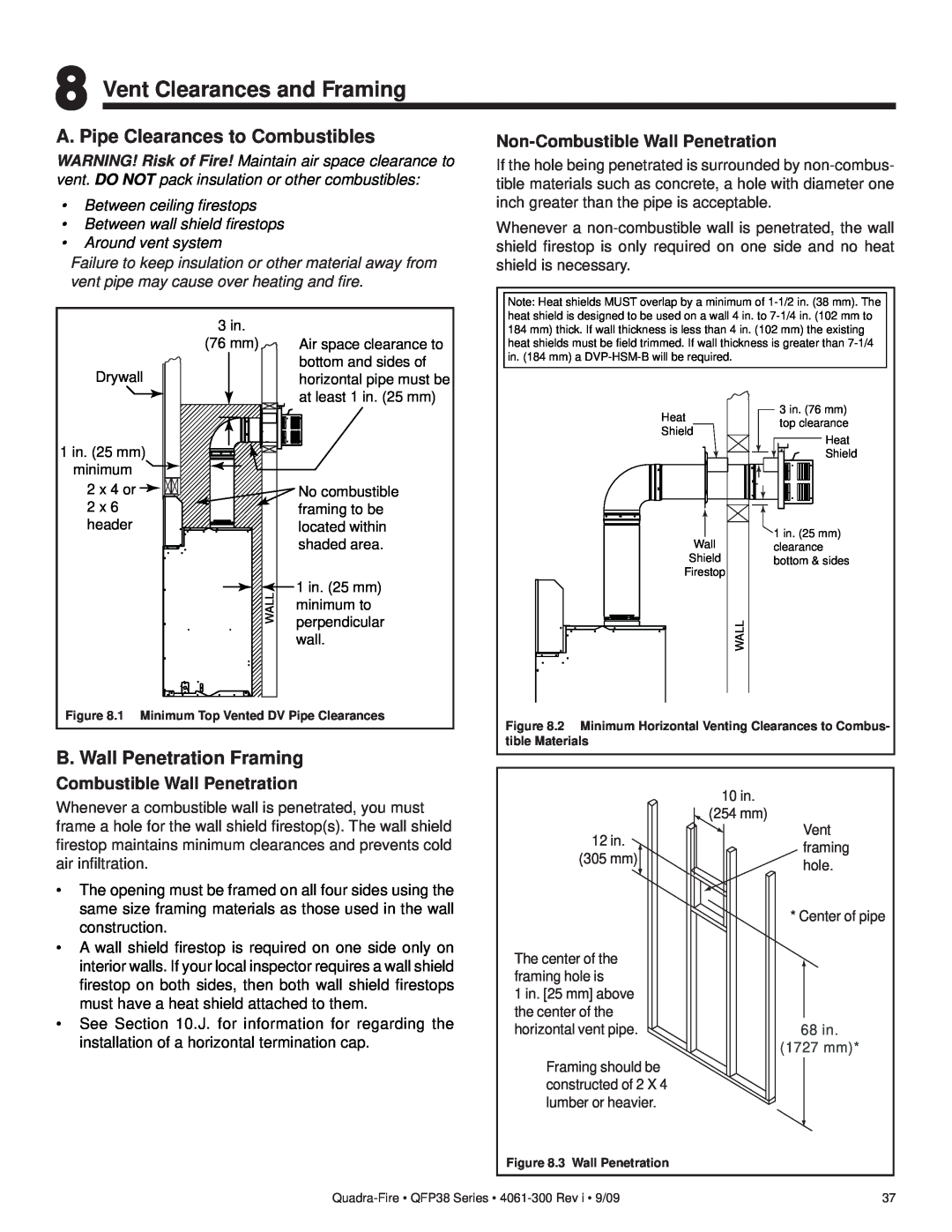 Quadra-Fire QFP38-LP Vent Clearances and Framing, A. Pipe Clearances to Combustibles, B. Wall Penetration Framing 