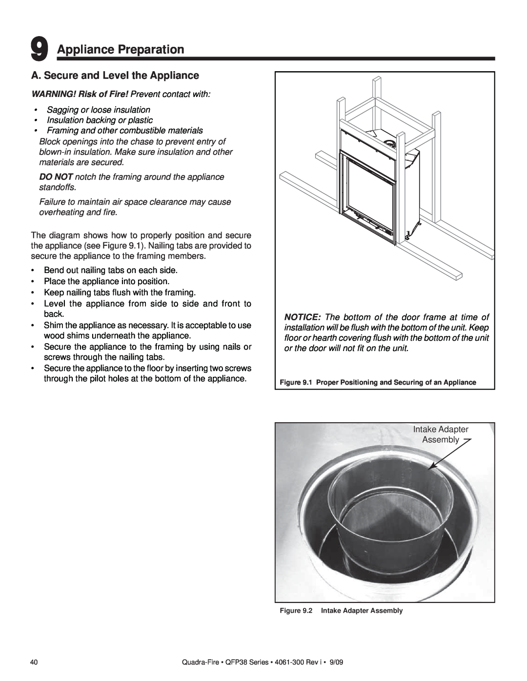 Quadra-Fire QFP38-NG Appliance Preparation, A. Secure and Level the Appliance, WARNING! Risk of Fire! Prevent contact with 