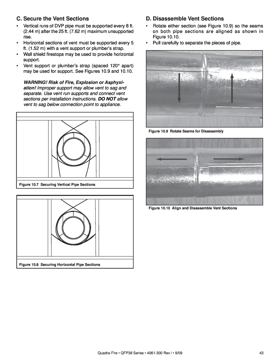 Quadra-Fire QFP38-LP, QFP38-NG owner manual C. Secure the Vent Sections, D. Disassemble Vent Sections 