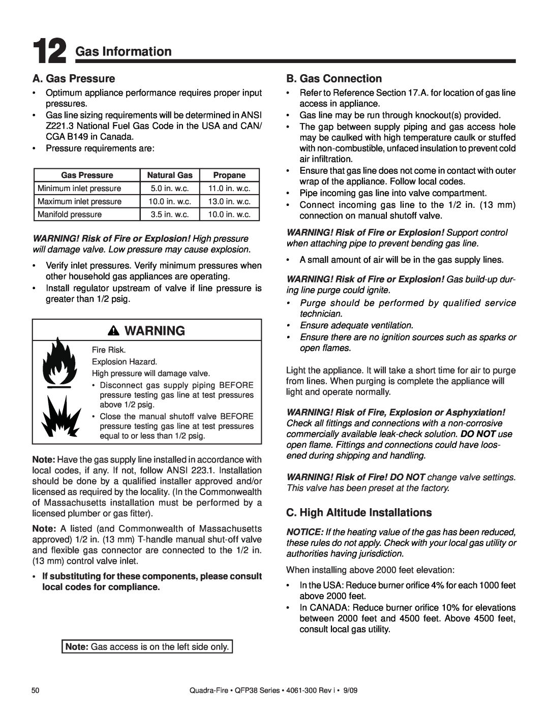Quadra-Fire QFP38-NG, QFP38-LP Gas Information, A. Gas Pressure, B. Gas Connection, C. High Altitude Installations 