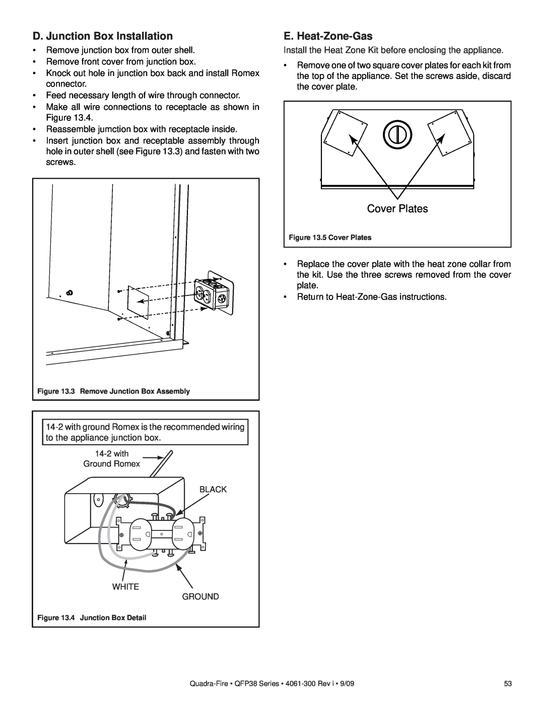 Quadra-Fire QFP38-LP, QFP38-NG owner manual D. Junction Box Installation, E. Heat-Zone-Gas, Cover Plates 