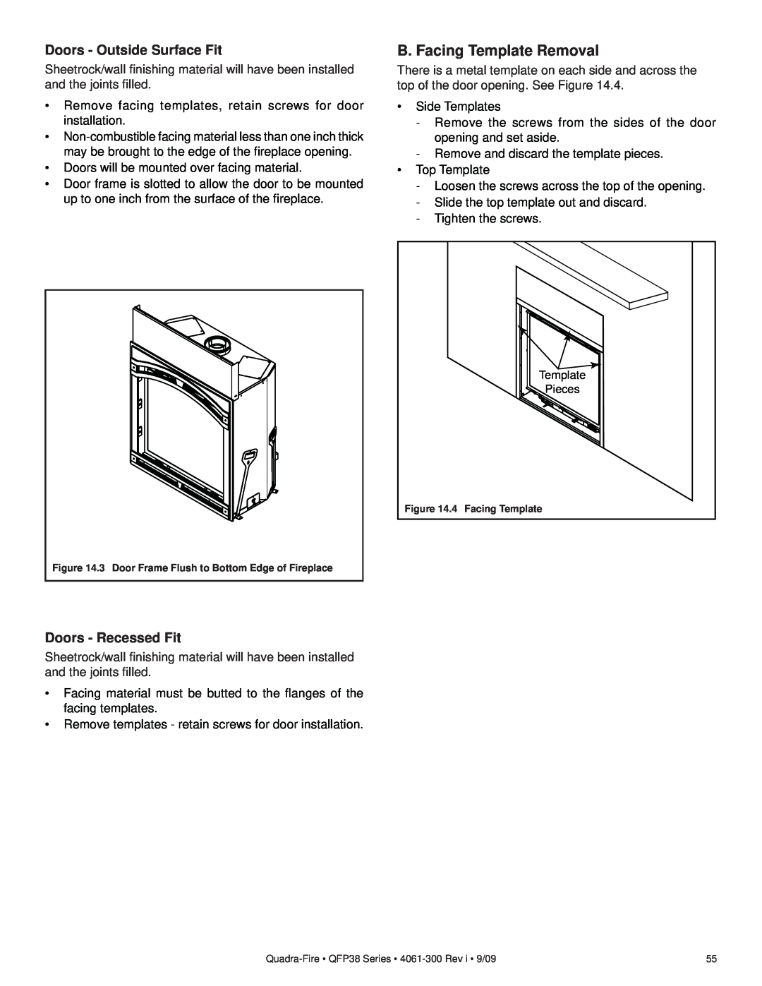 Quadra-Fire QFP38-LP, QFP38-NG owner manual B. Facing Template Removal, Doors - Outside Surface Fit, Doors - Recessed Fit 