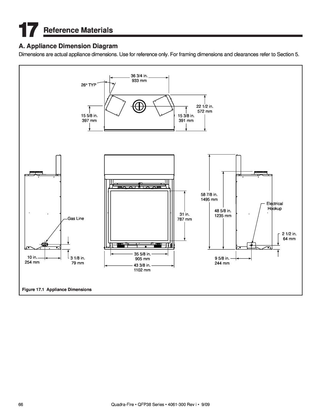 Quadra-Fire QFP38-NG Reference Materials, A. Appliance Dimension Diagram, Quadra-Fire QFP38 Series 4061-300 Rev i 9/09 
