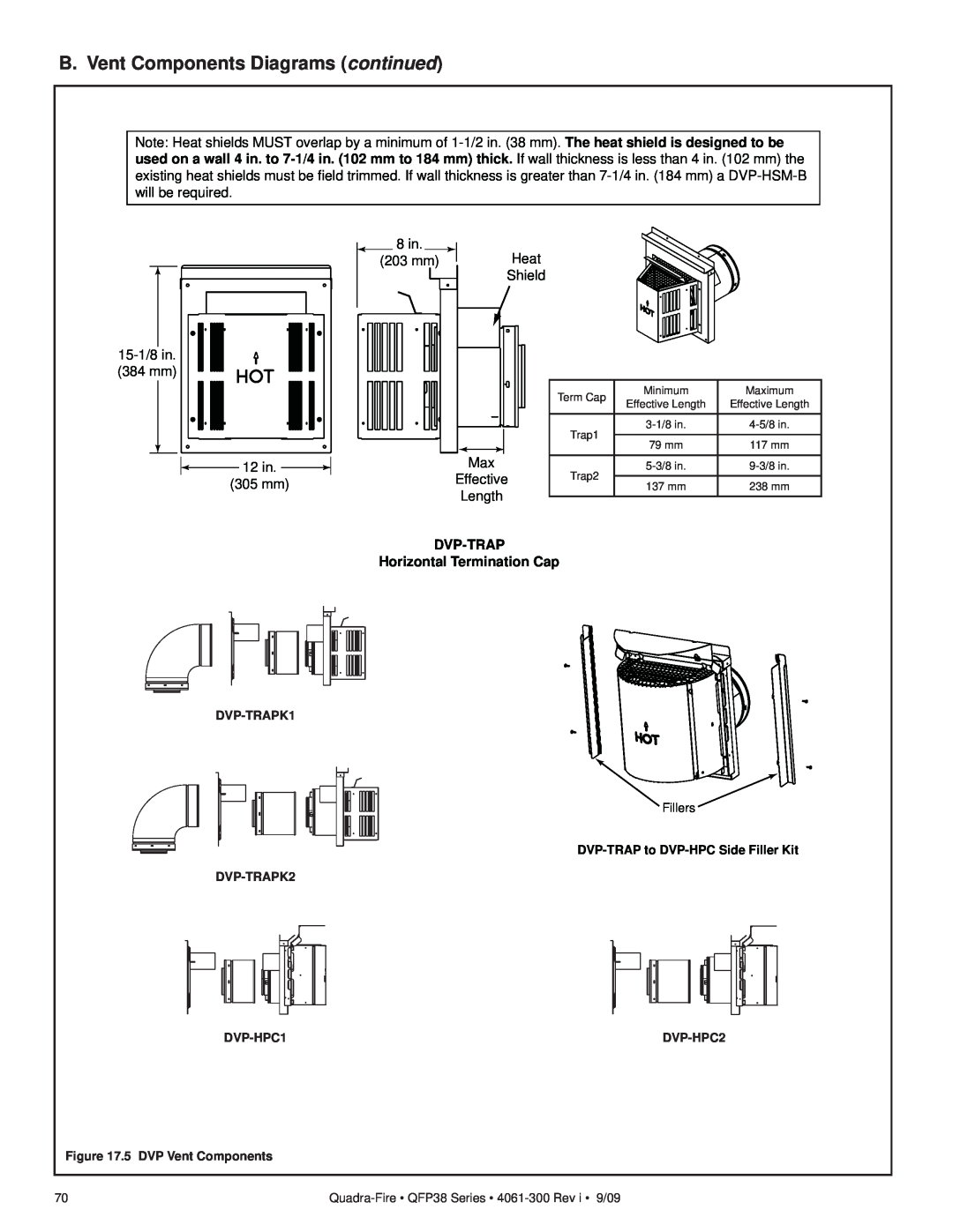 Quadra-Fire QFP38-NG B. Vent Components Diagrams continued, 15-1/8 in 384 mm 12 in. 305 mm, 8 in 203 mm Heat Shield 