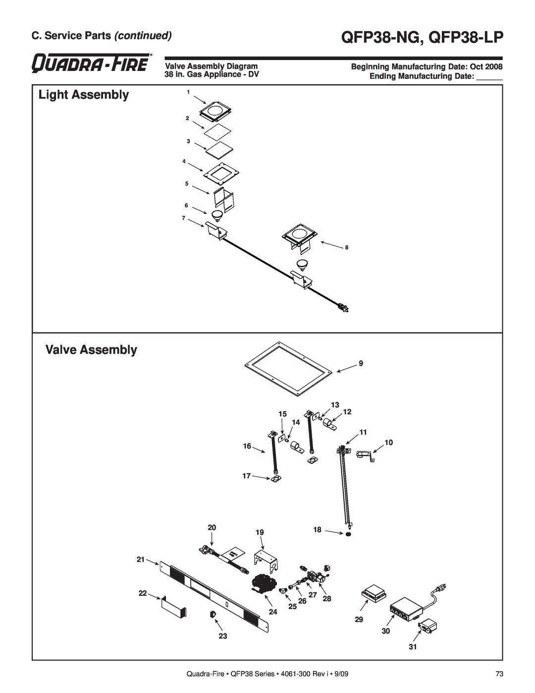 Quadra-Fire owner manual Light Assembly, C. Service Parts continued, QFP38-NG, QFP38-LP, Valve Assembly Diagram 