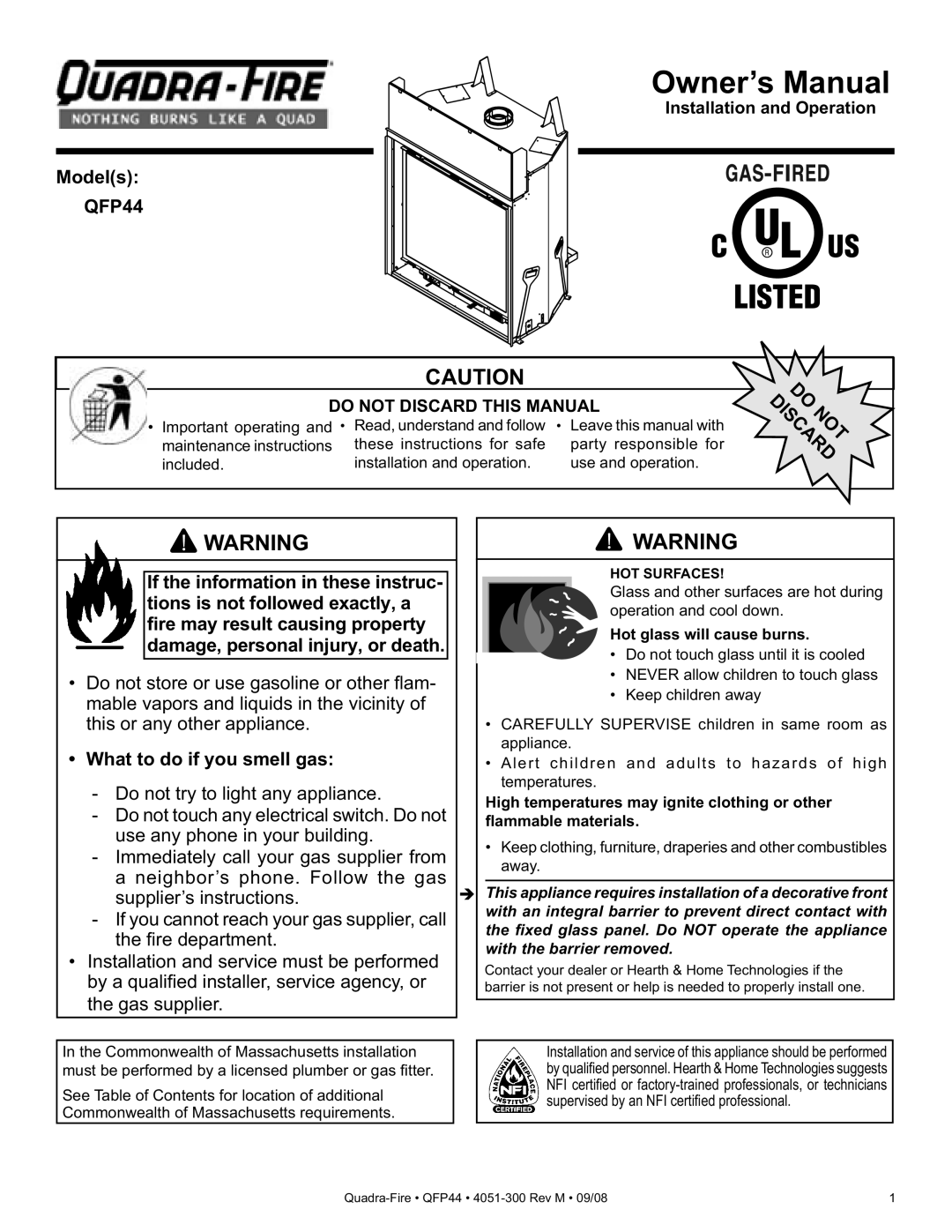 Quadra-Fire QFP44 owner manual Models, What to do if you smell gas, Installation and Operation 