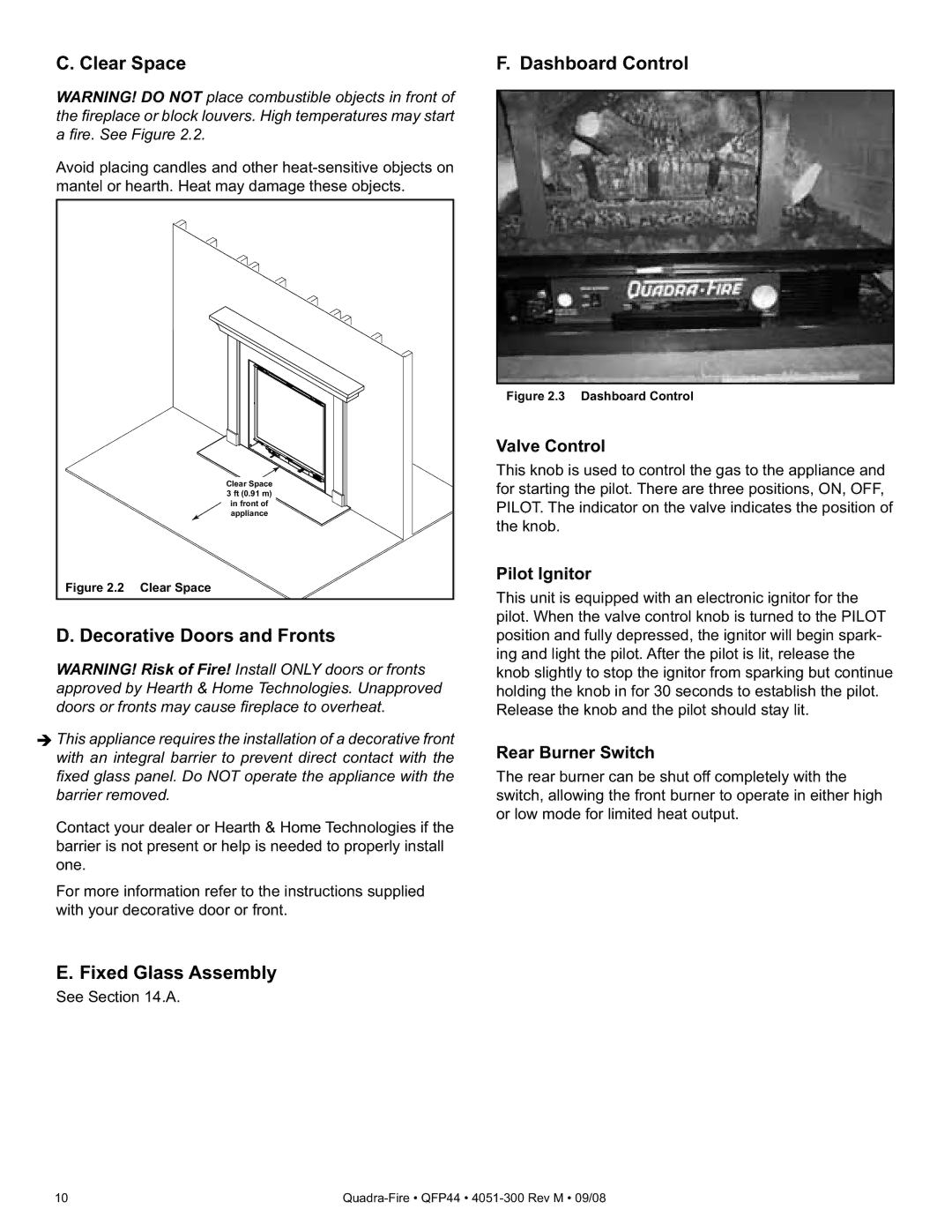 Quadra-Fire QFP44 owner manual Clear Space, Decorative Doors and Fronts, Fixed Glass Assembly, Dashboard Control 