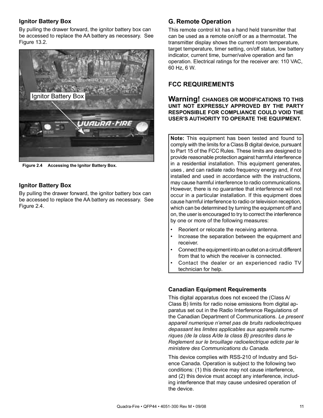 Quadra-Fire QFP44 owner manual Remote Operation, Ignitor Battery Box, Canadian Equipment Requirements 