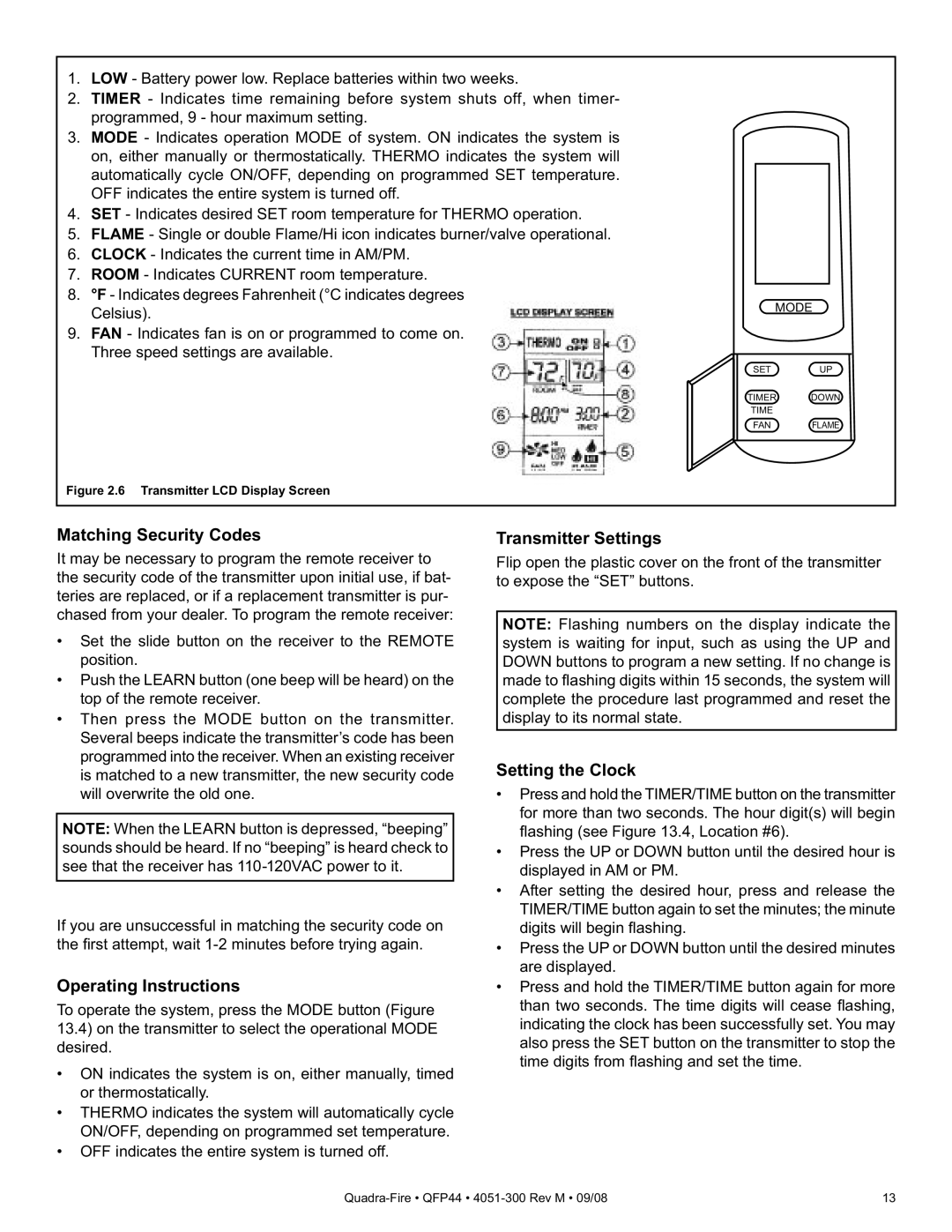 Quadra-Fire QFP44 owner manual Matching Security Codes, Operating Instructions, Transmitter Settings, Setting the Clock 