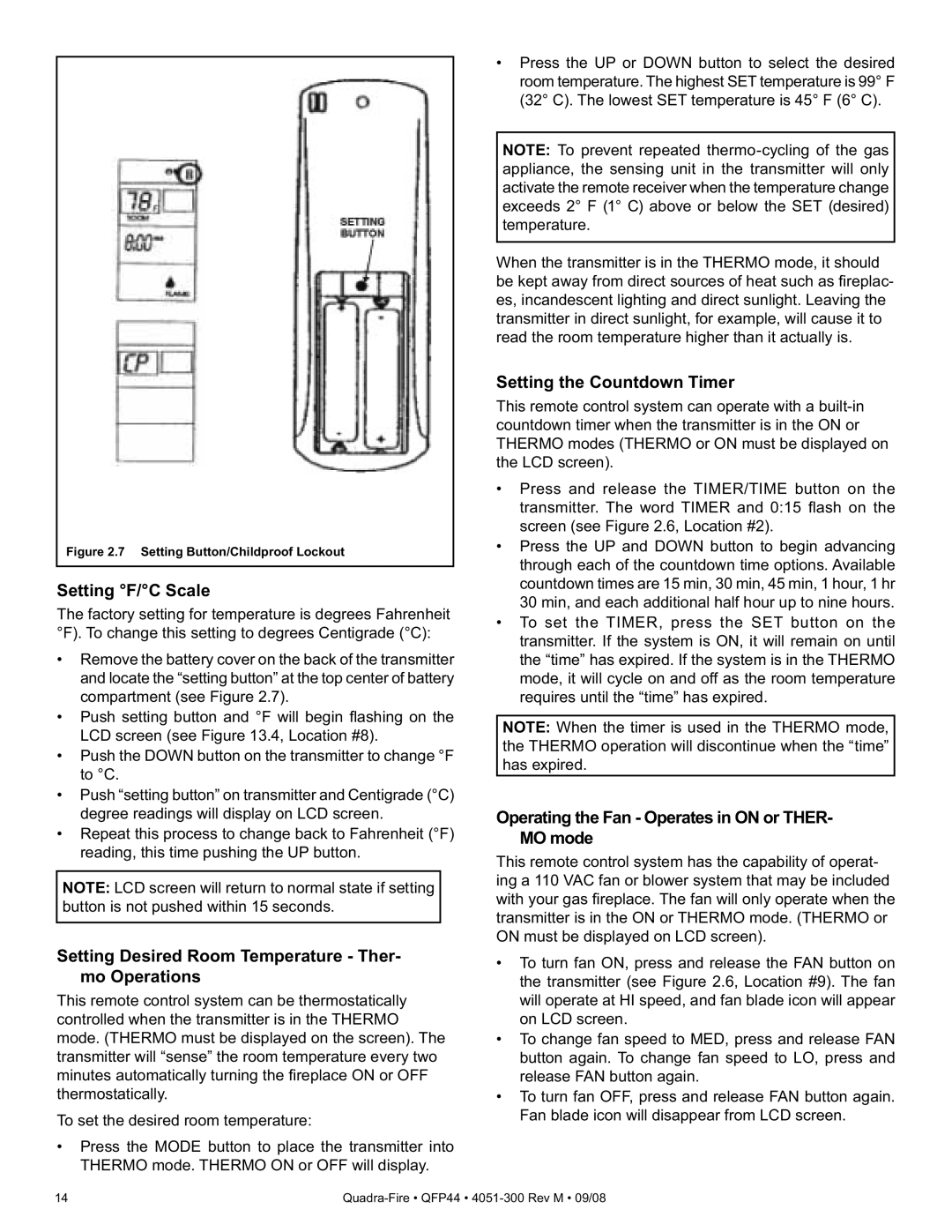 Quadra-Fire QFP44 Setting F/C Scale, Setting Desired Room Temperature Ther- mo Operations, Setting the Countdown Timer 