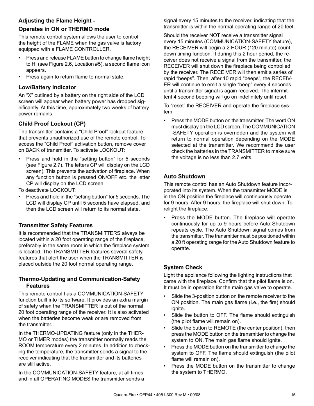 Quadra-Fire QFP44 Adjusting the Flame Height Operates in on or Thermo mode, Low/Battery Indicator, Child Proof Lockout CP 