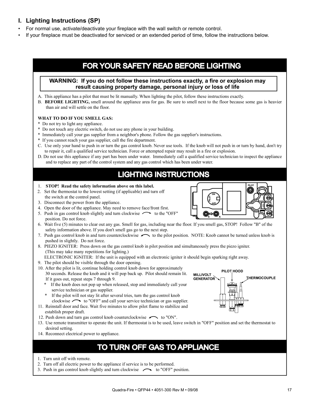 Quadra-Fire QFP44 owner manual For Your Safety Read Before Lighting, Lighting Instructions SP 