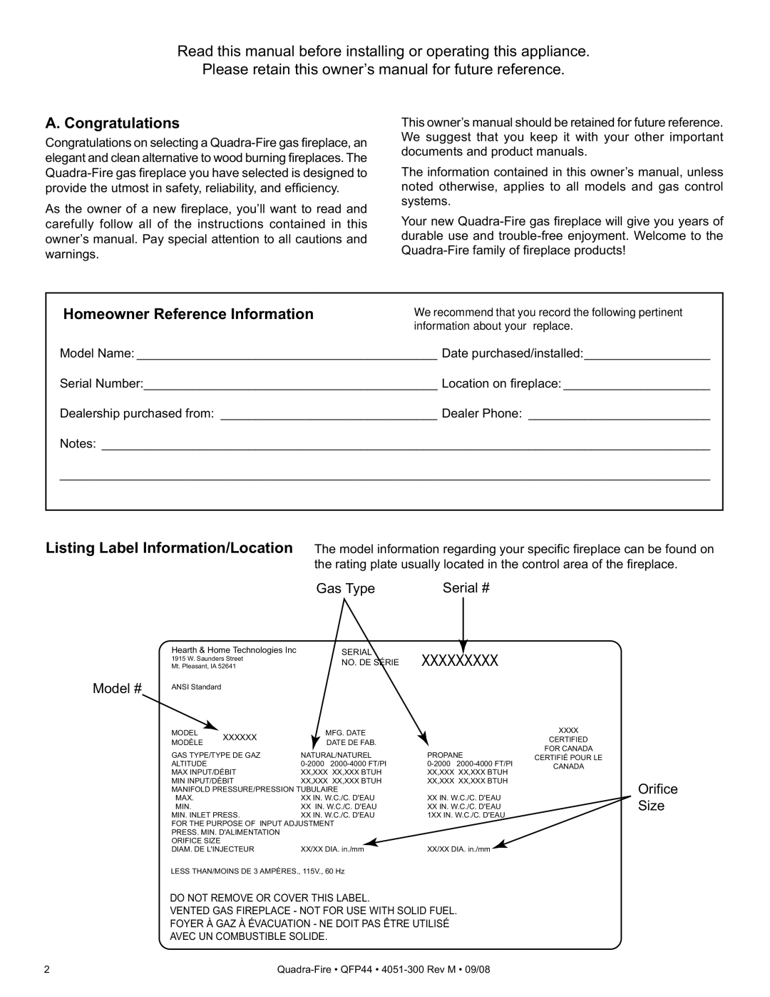 Quadra-Fire QFP44 owner manual Congratulations, Homeowner Reference Information 