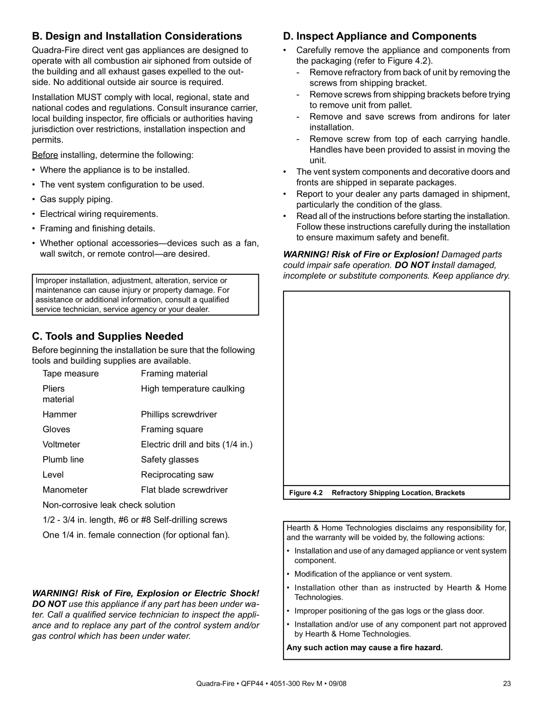 Quadra-Fire QFP44 Design and Installation Considerations, Tools and Supplies Needed, Inspect Appliance and Components 