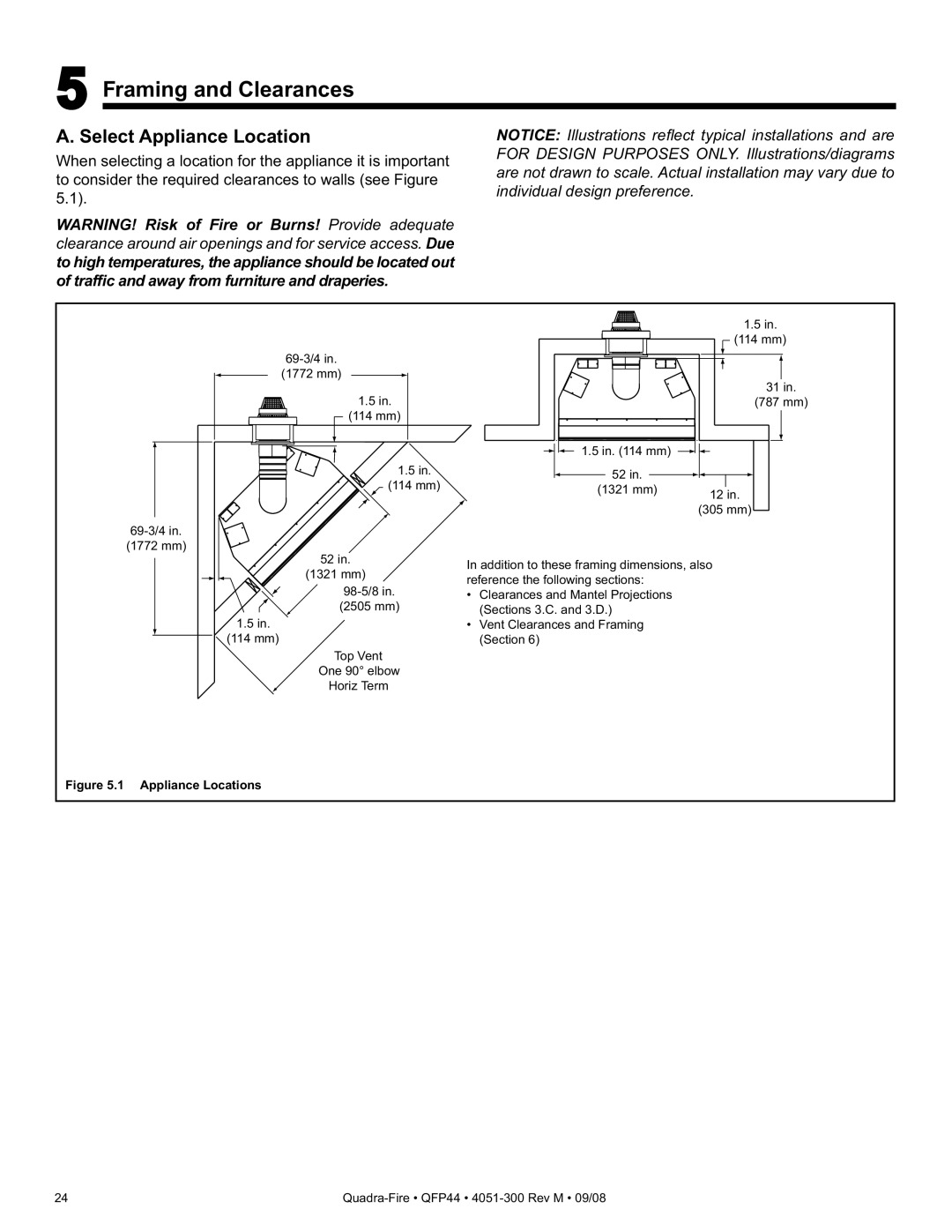 Quadra-Fire QFP44 owner manual Framing and Clearances, Select Appliance Location 