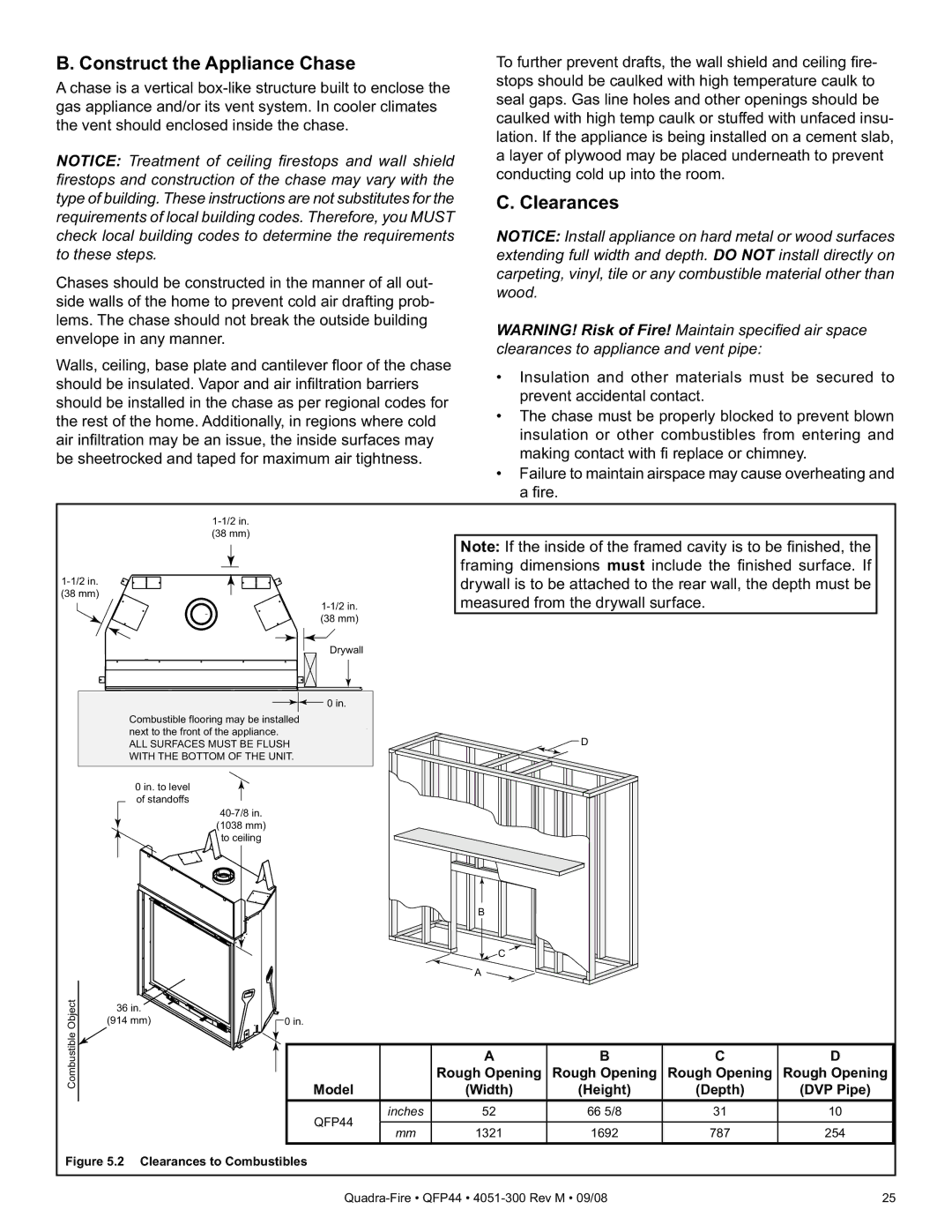 Quadra-Fire QFP44 owner manual Construct the Appliance Chase, Clearances 