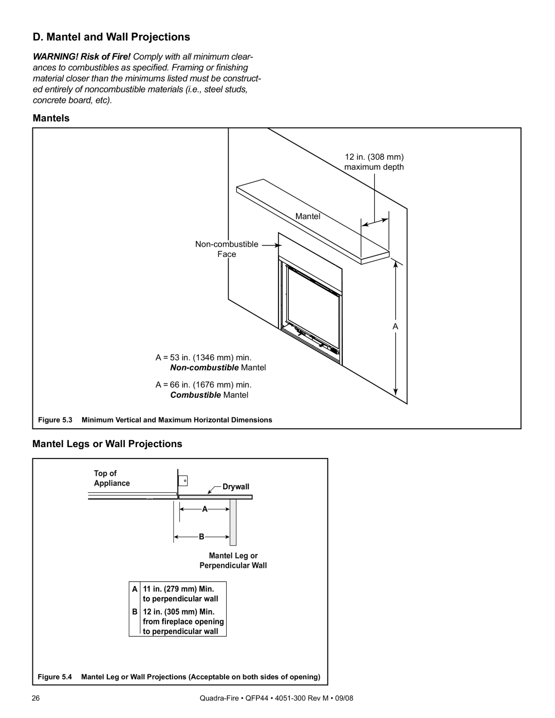 Quadra-Fire QFP44 owner manual Mantel and Wall Projections, Mantels, Mantel Legs or Wall Projections 