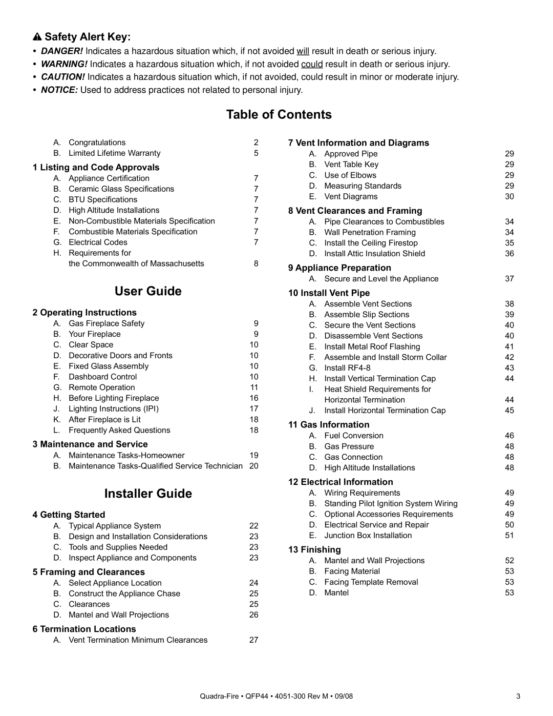 Quadra-Fire QFP44 owner manual Table of Contents, User Guide, Installer Guide 