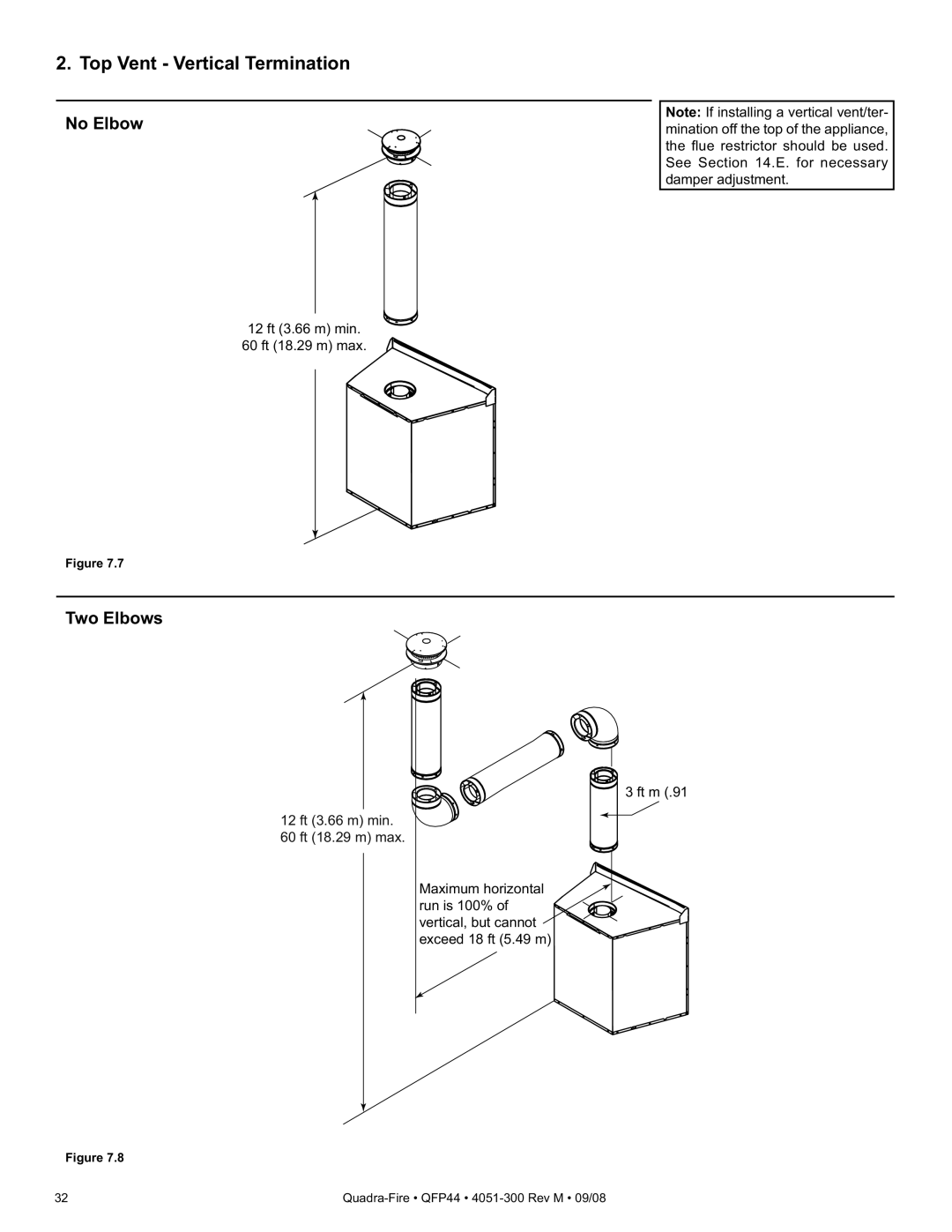 Quadra-Fire QFP44 owner manual Top Vent Vertical Termination, No Elbow, Two Elbows 