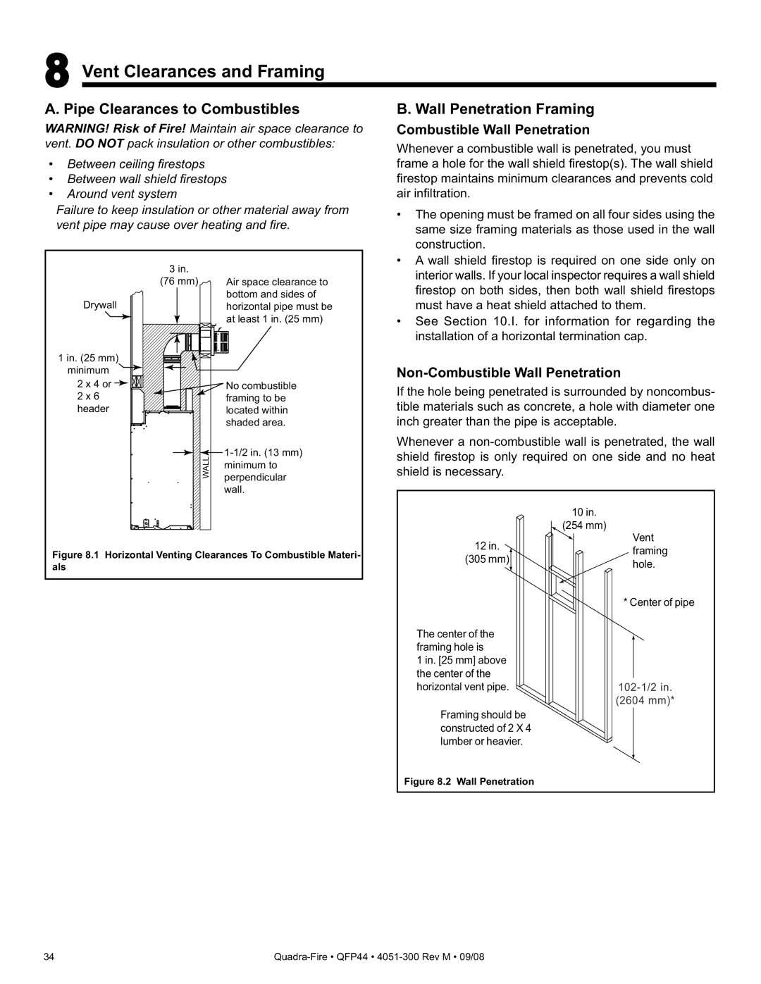 Quadra-Fire QFP44 owner manual Vent Clearances and Framing, Pipe Clearances to Combustibles, Wall Penetration Framing 