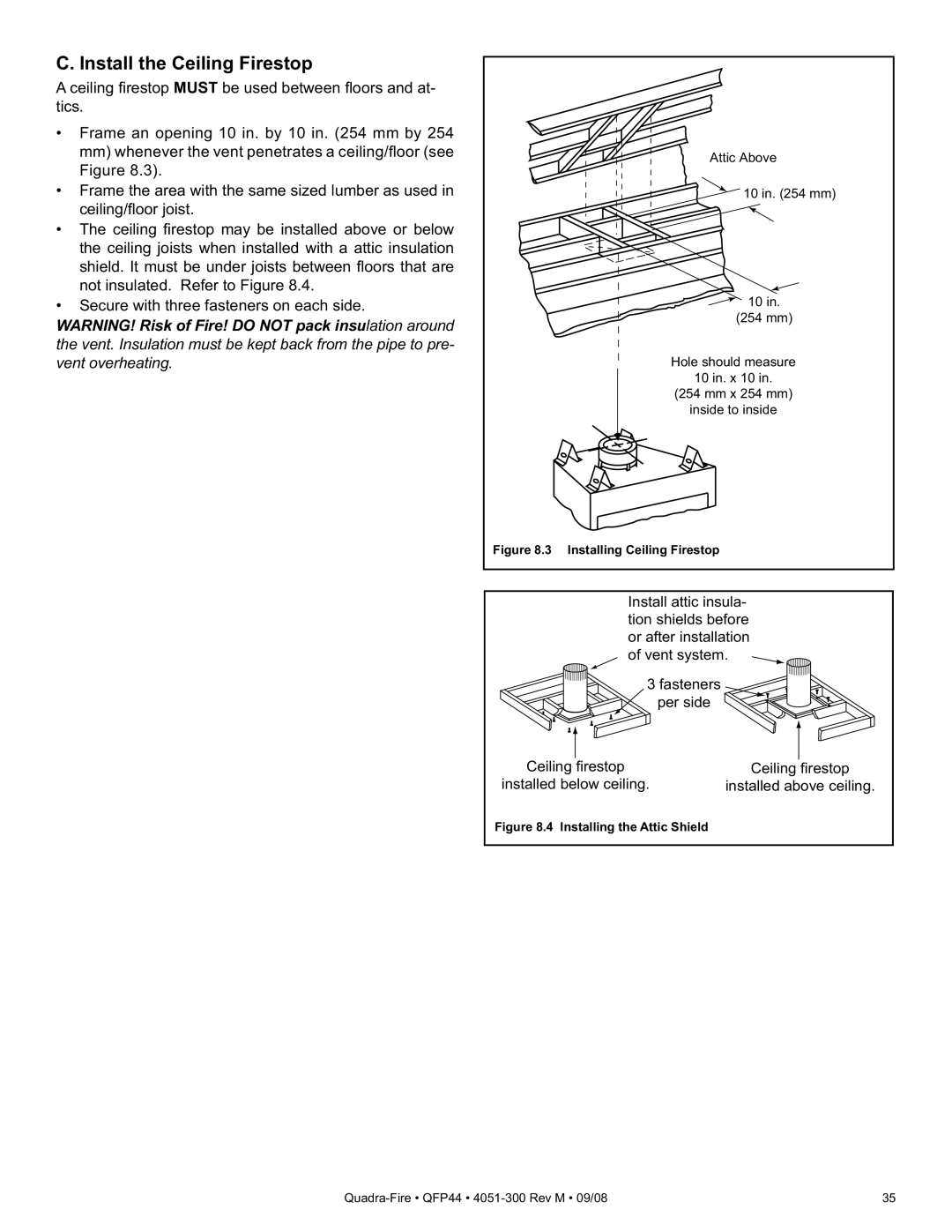 Quadra-Fire QFP44 owner manual Install the Ceiling Firestop, Installing Ceiling Firestop 