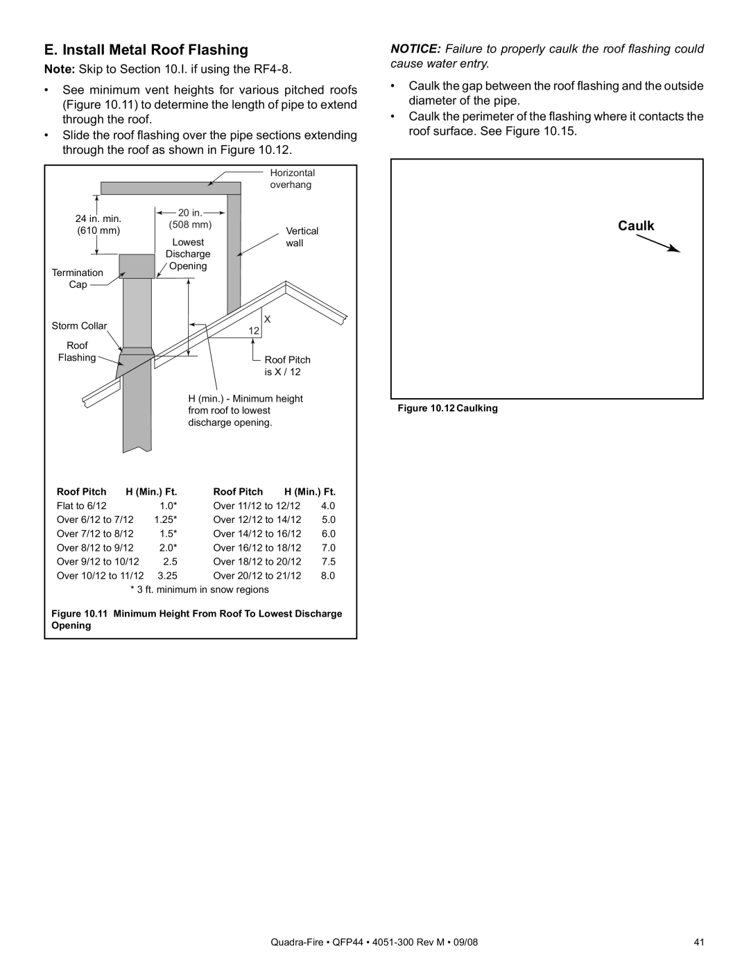 Quadra-Fire QFP44 owner manual Install Metal Roof Flashing, Caulk 