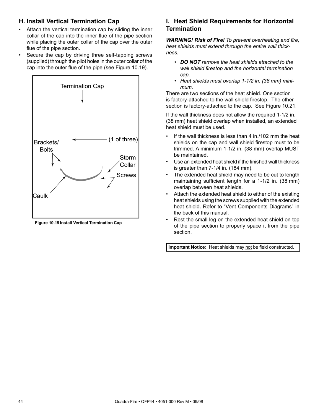 Quadra-Fire QFP44 owner manual Install Vertical Termination Cap, Heat Shield Requirements for Horizontal Termination 