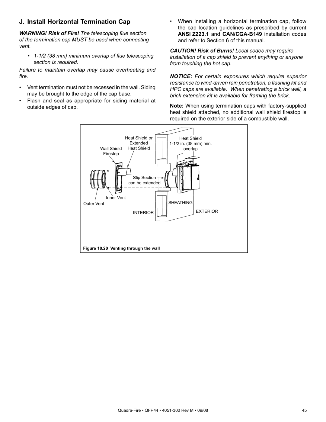 Quadra-Fire QFP44 owner manual Install Horizontal Termination Cap, Venting through the wall 