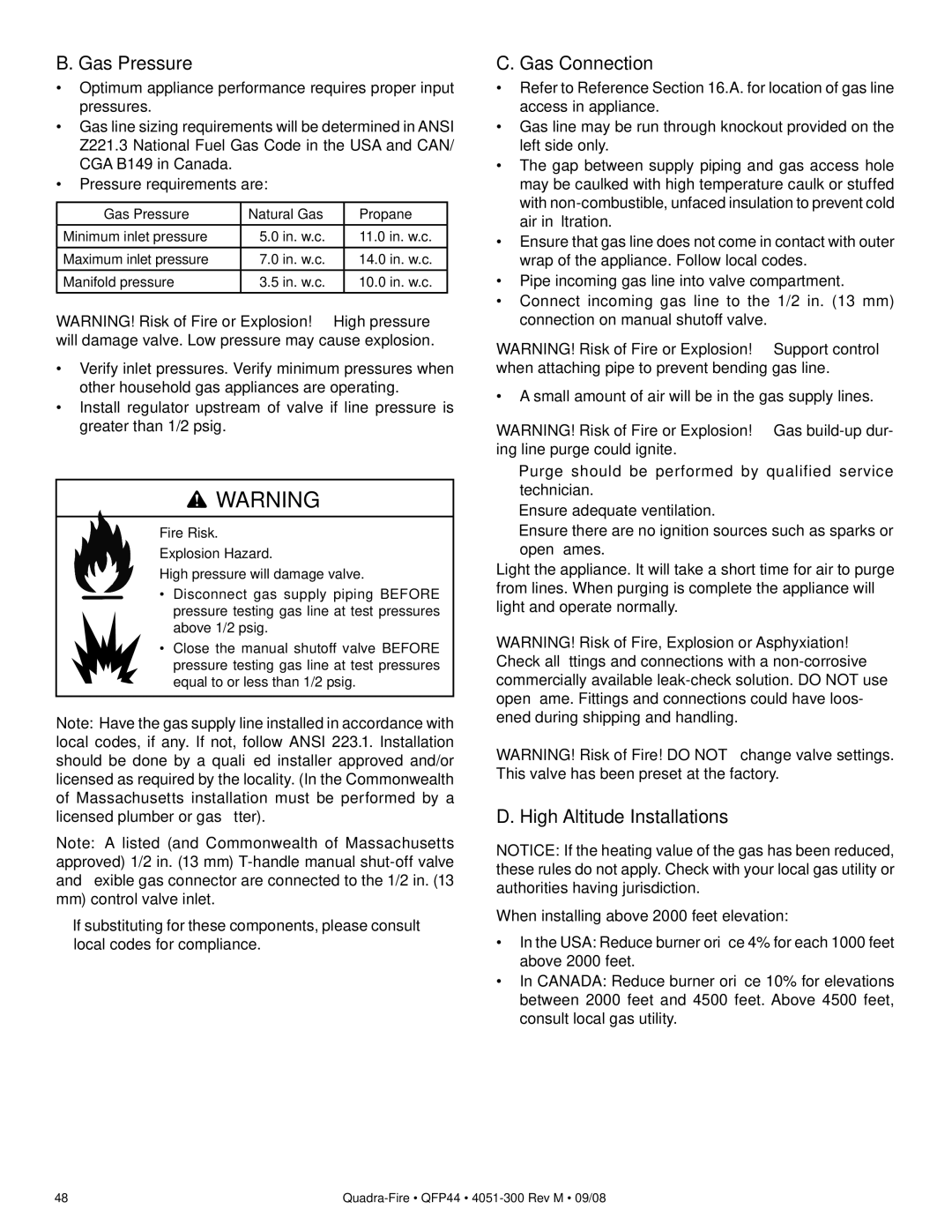 Quadra-Fire QFP44 owner manual Gas Pressure, Gas Connection 