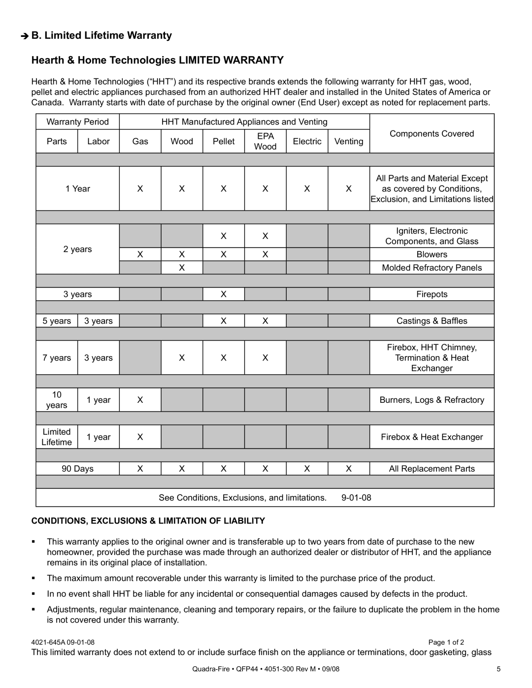 Quadra-Fire QFP44 owner manual CONDITIONS, Exclusions & Limitation of Liability 