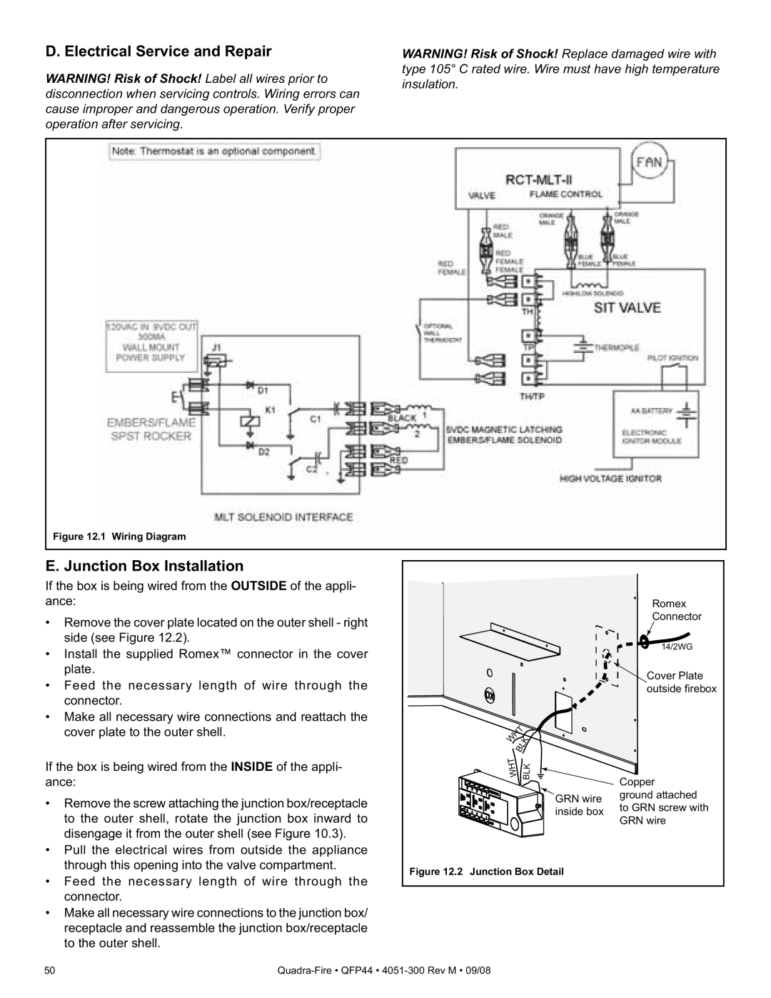 Quadra-Fire QFP44 owner manual Electrical Service and Repair, Junction Box Installation 