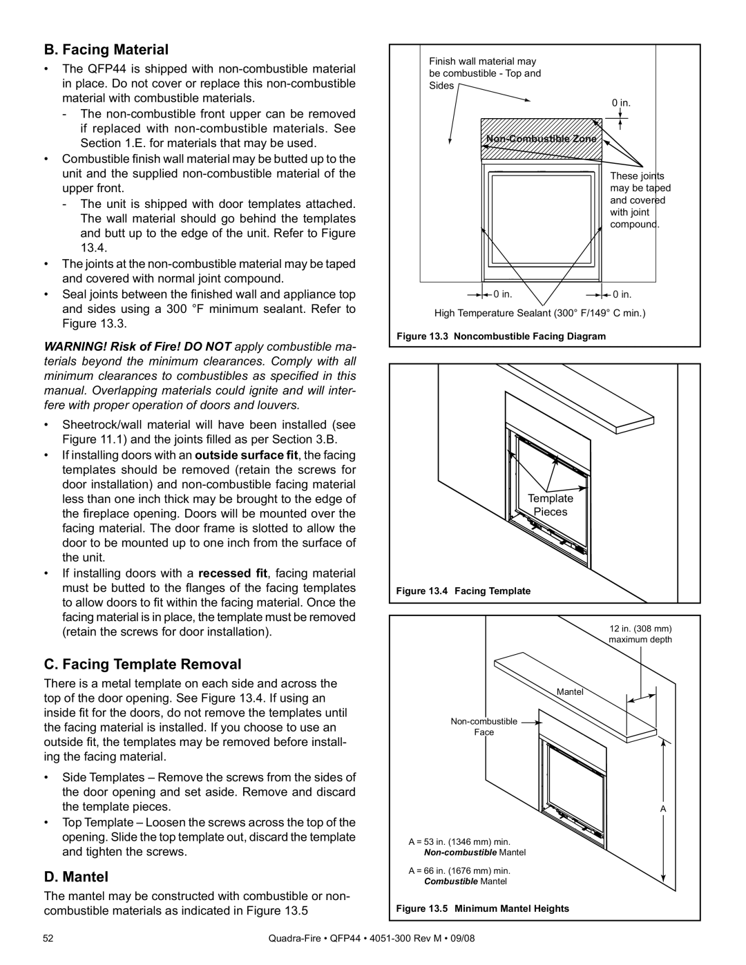 Quadra-Fire QFP44 owner manual Facing Material, Facing Template Removal, Mantel 