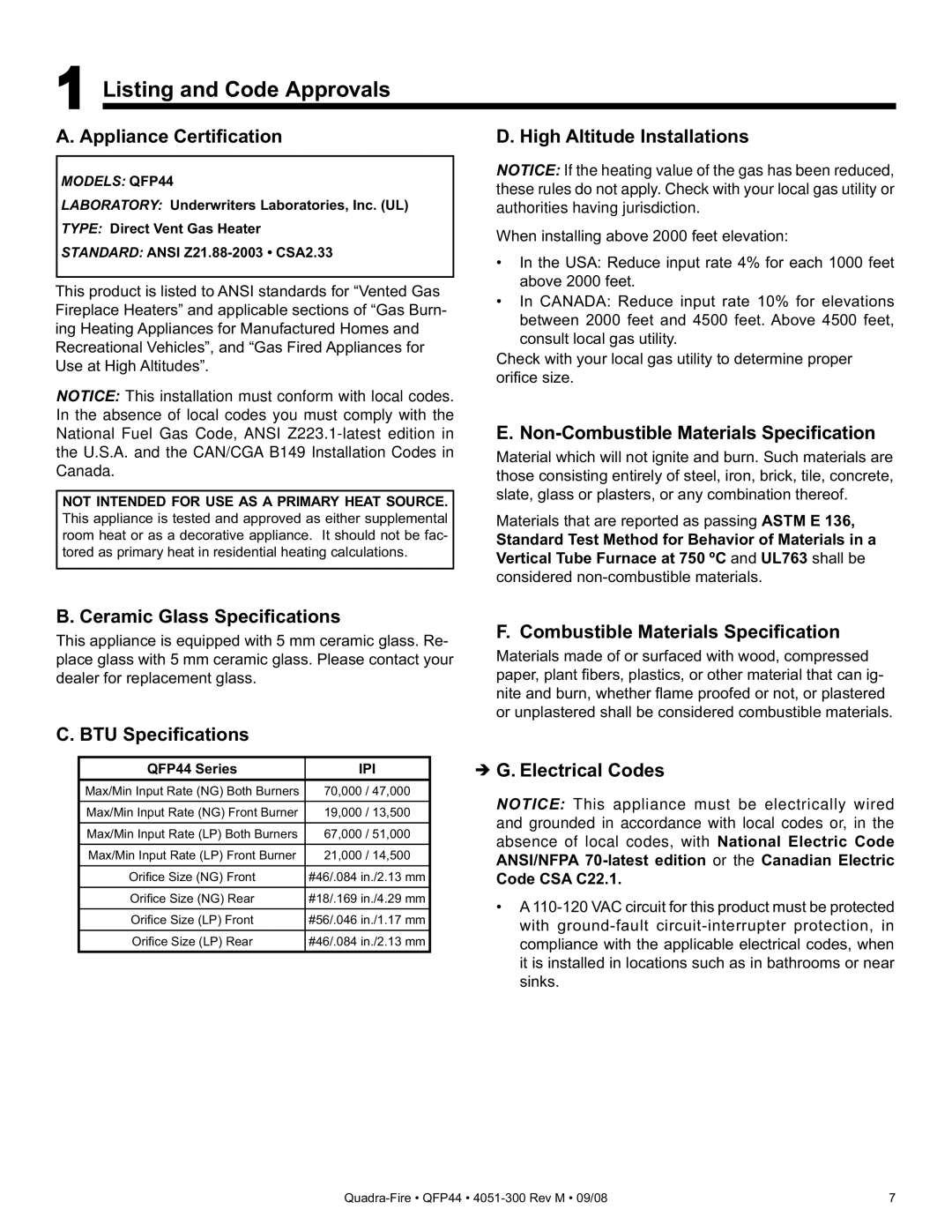 Quadra-Fire QFP44 owner manual Listing and Code Approvals 