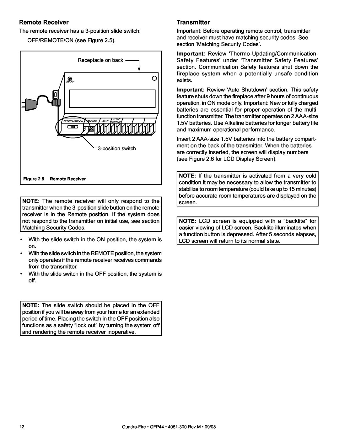 Quadra-Fire QFP44 owner manual Remote Receiver, Transmitter 