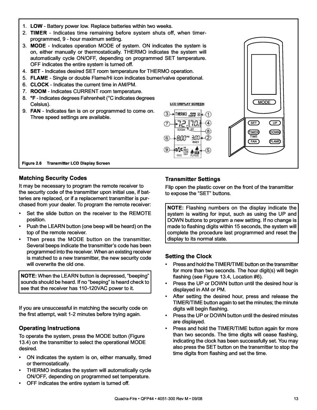 Quadra-Fire QFP44 owner manual Matching Security Codes, Operating Instructions, Transmitter Settings, Setting the Clock 