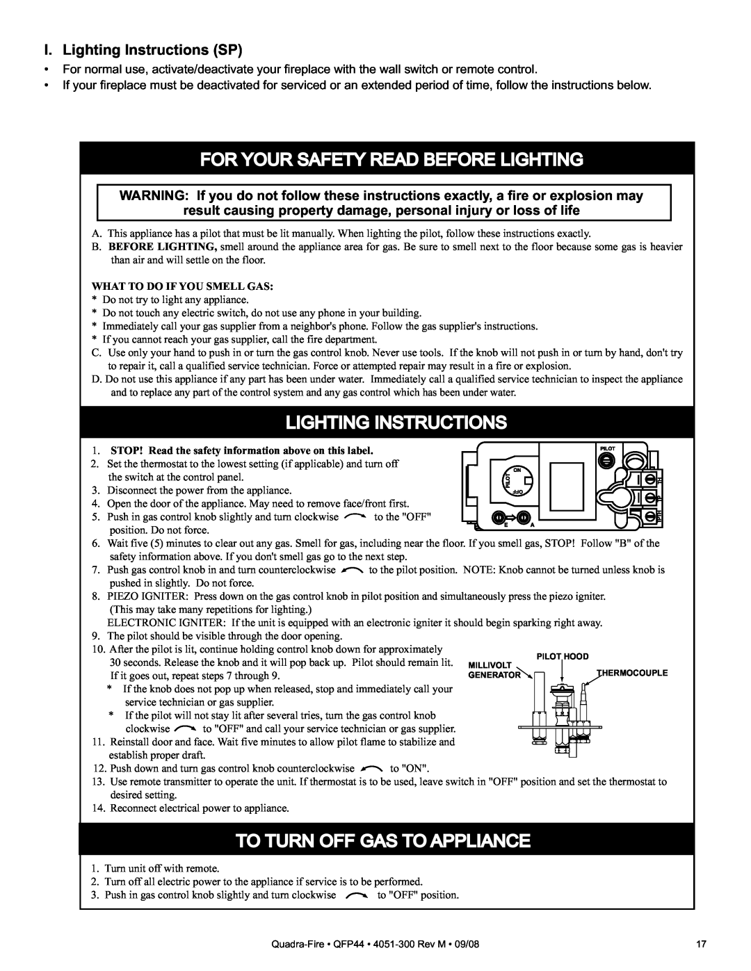 Quadra-Fire QFP44 owner manual I. Lighting Instructions SP, Foryour Safety Read Beforelighting, To Turn Offgas To Appliance 