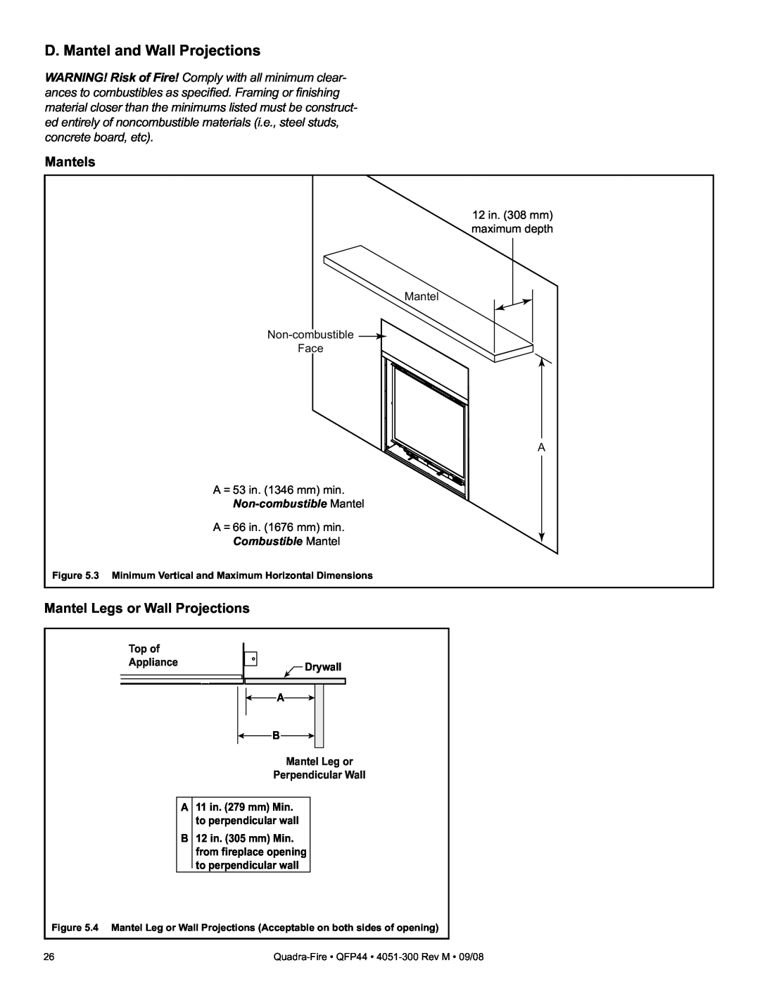 Quadra-Fire QFP44 owner manual D. Mantel and Wall Projections, Mantels, Mantel Legs or Wall Projections 