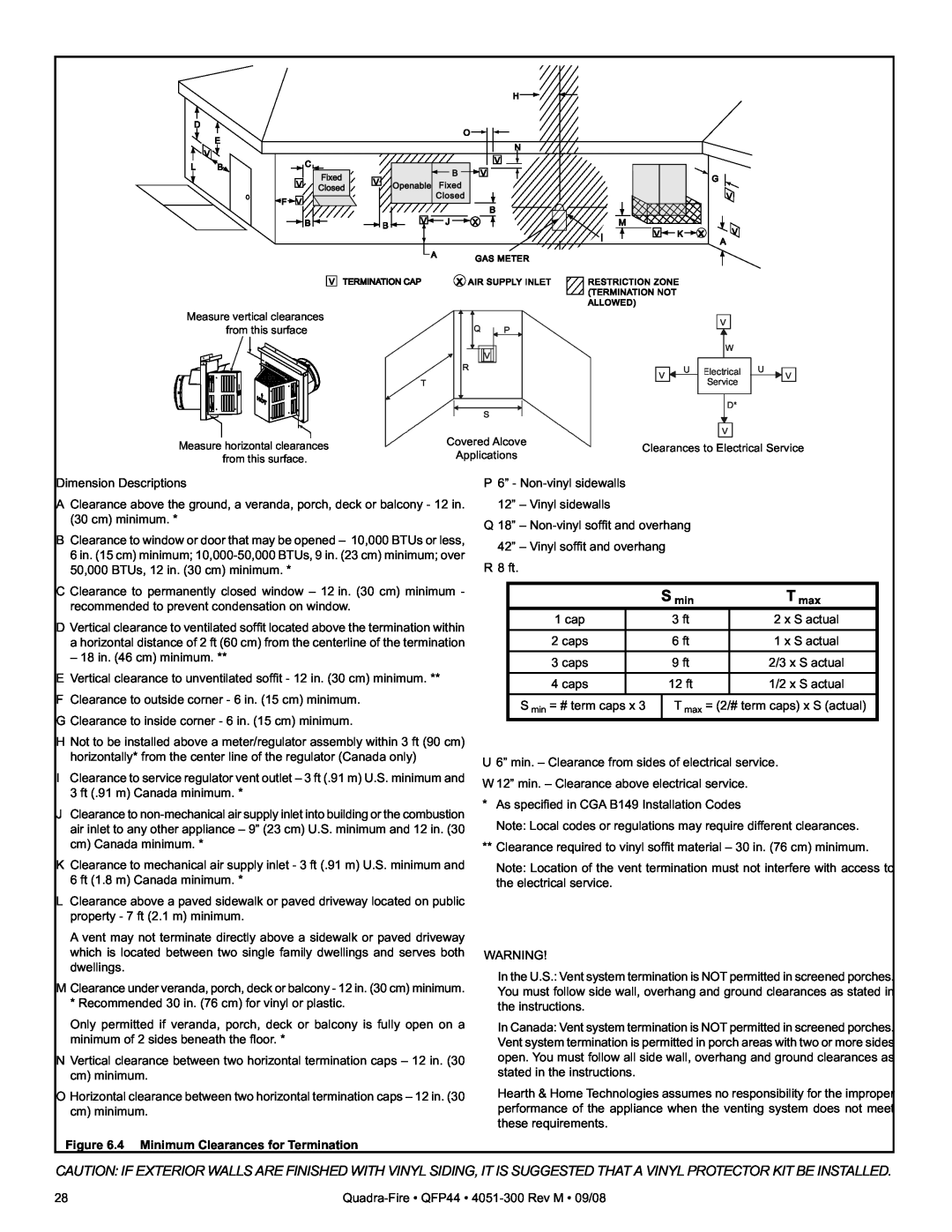 Quadra-Fire QFP44 owner manual 4 Minimum Clearances for Termination 