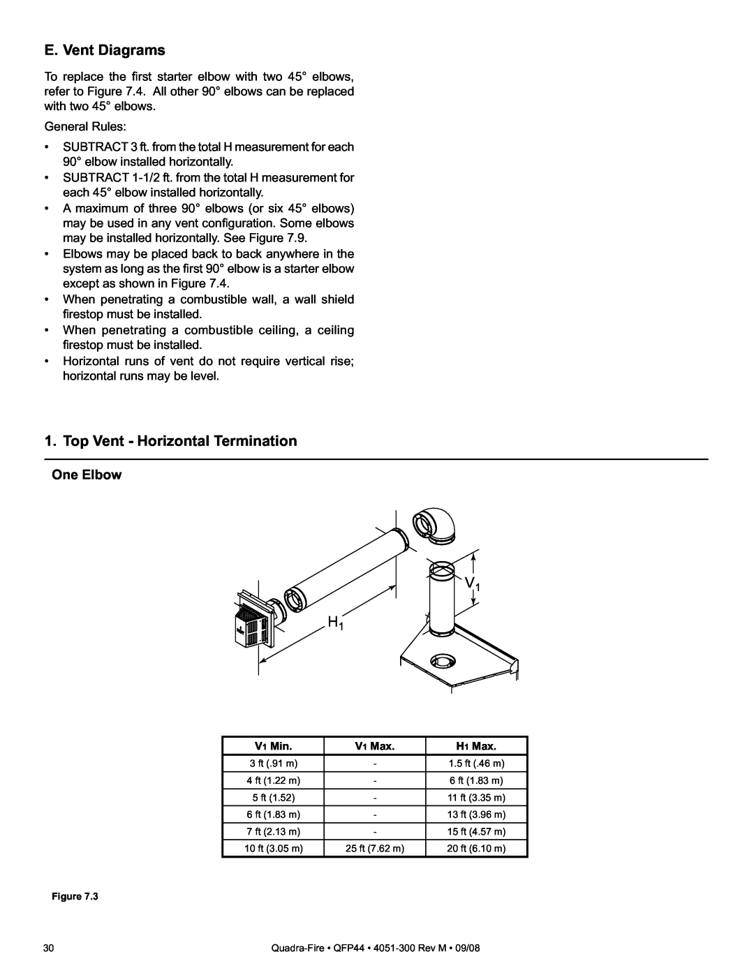 Quadra-Fire QFP44 owner manual E. Vent Diagrams, Top Vent - Horizontal Termination, V1 H1, One Elbow 