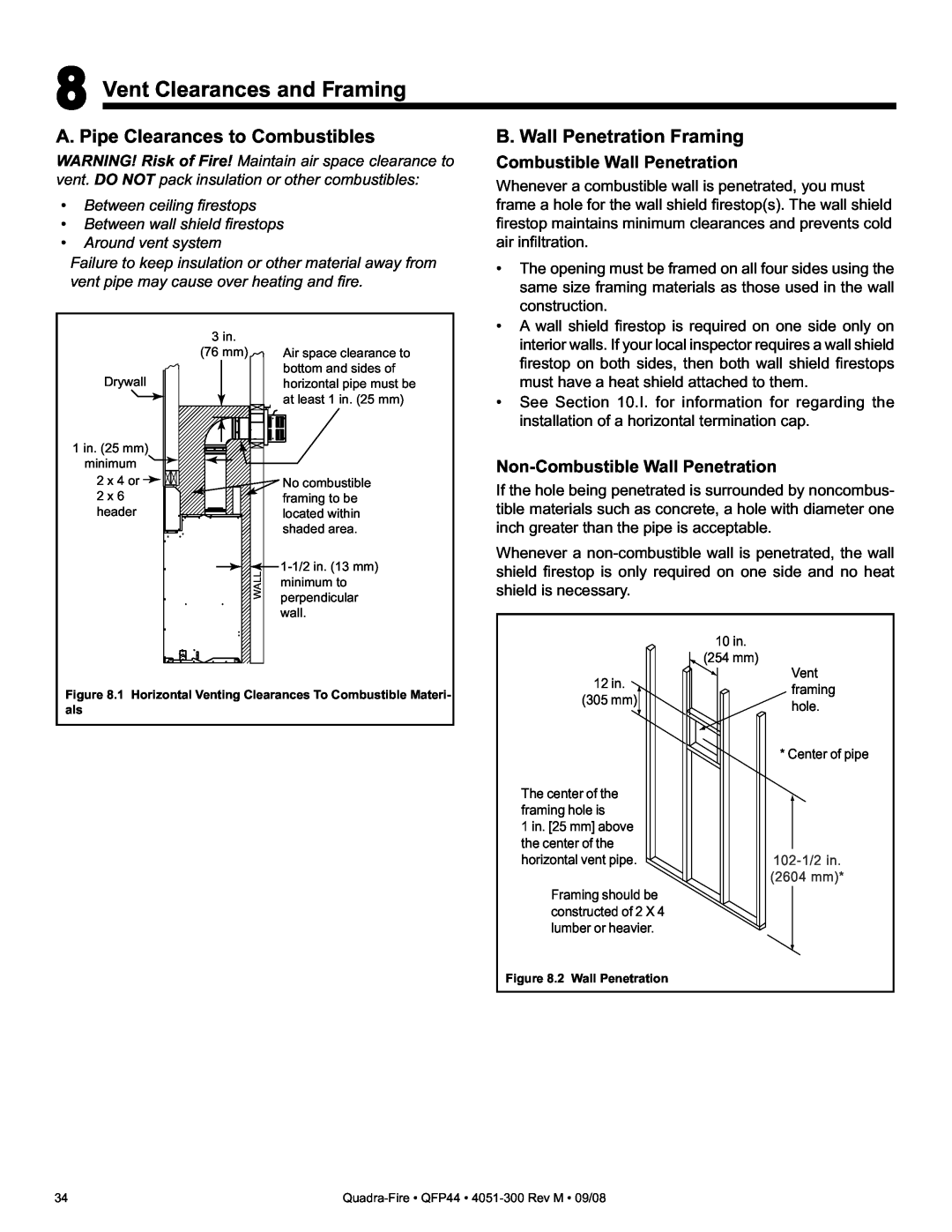 Quadra-Fire QFP44 8Vent Clearances and Framing, A. Pipe Clearances to Combustibles, B. Wall Penetration Framing 