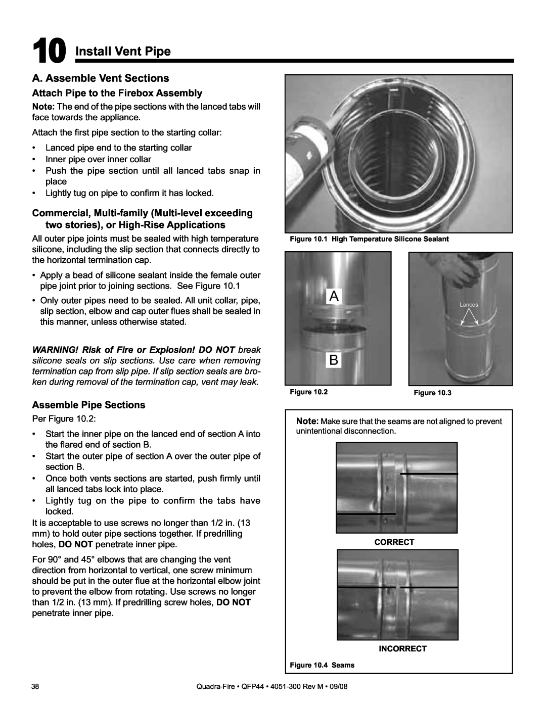 Quadra-Fire QFP44 owner manual Install Vent Pipe, A. Assemble Vent Sections, Attach Pipe to the Firebox Assembly 