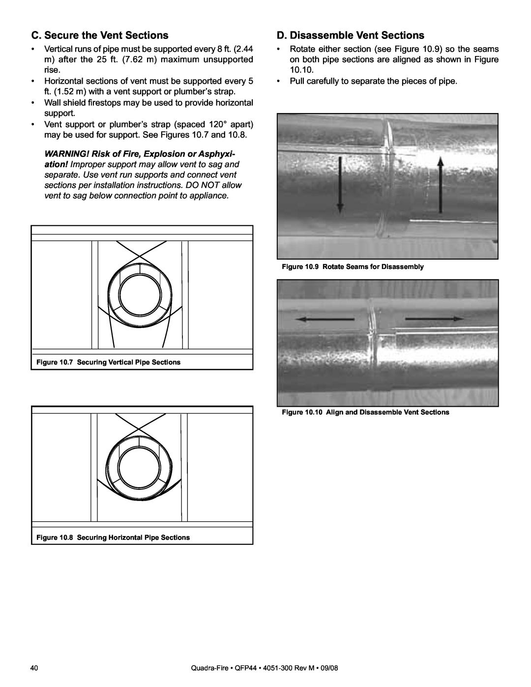 Quadra-Fire QFP44 owner manual C. Secure the Vent Sections, D. Disassemble Vent Sections 
