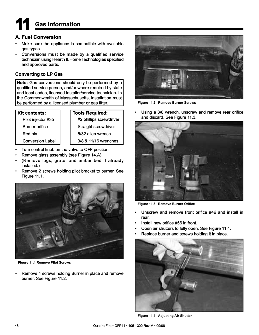 Quadra-Fire QFP44 owner manual Gas Information, A. Fuel Conversion, Converting to LP Gas, Kit contents, Tools Required 