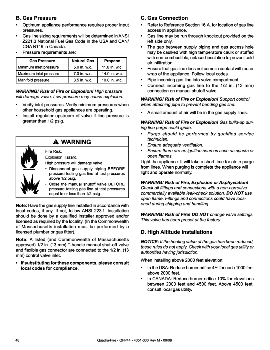 Quadra-Fire QFP44 owner manual B. Gas Pressure, C. Gas Connection, D. High Altitude Installations 