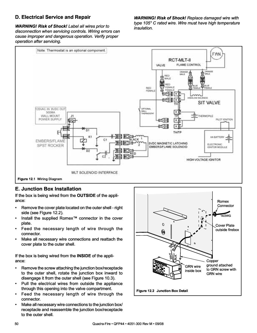 Quadra-Fire QFP44 D. Electrical Service and Repair, E. Junction Box Installation, 1 Wiring Diagram, 2 Junction Box Detail 
